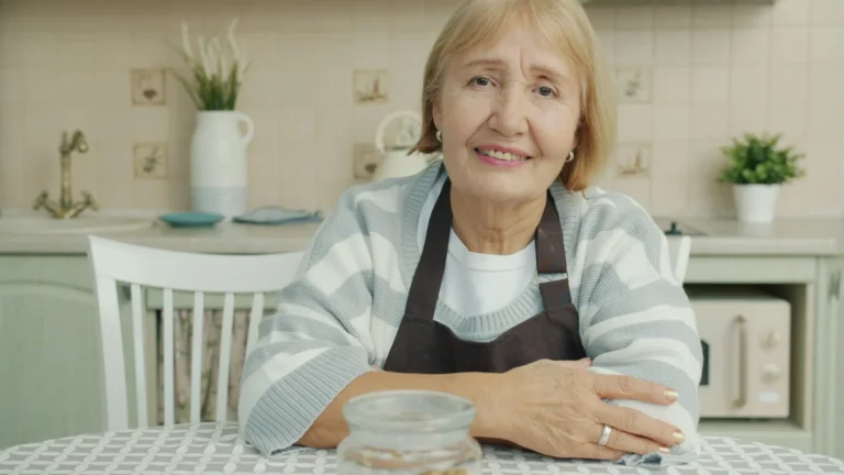 Smiling senior woman sitting at a kitchen table